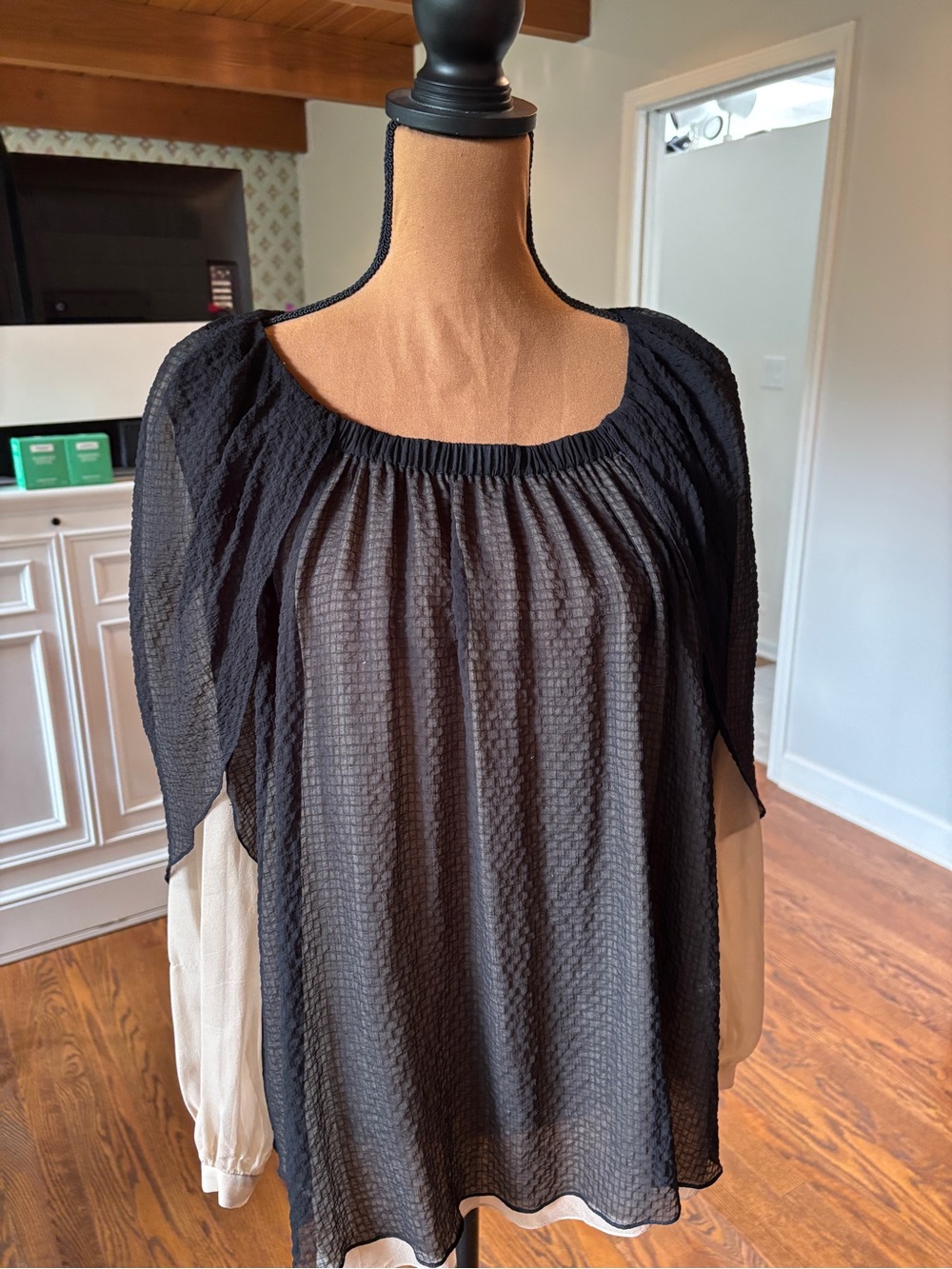 Thakoon Black Sheer Overlay Tunic with Cream Sleeves